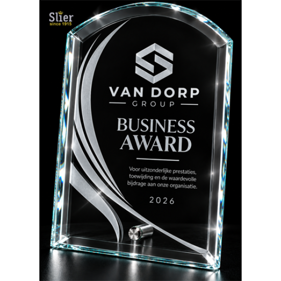 Glazen golf award "type Adelle" Slier Sportprizen Rotterdam Business-award-model-Adelle Laser graveren-glas-slier-sportprijzen Rotterdam